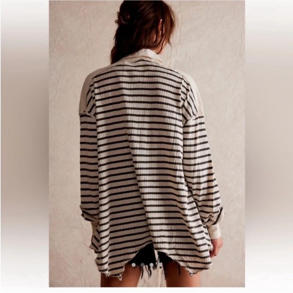 Free People Cream and Black Striped Long Sleeve Henley Tee